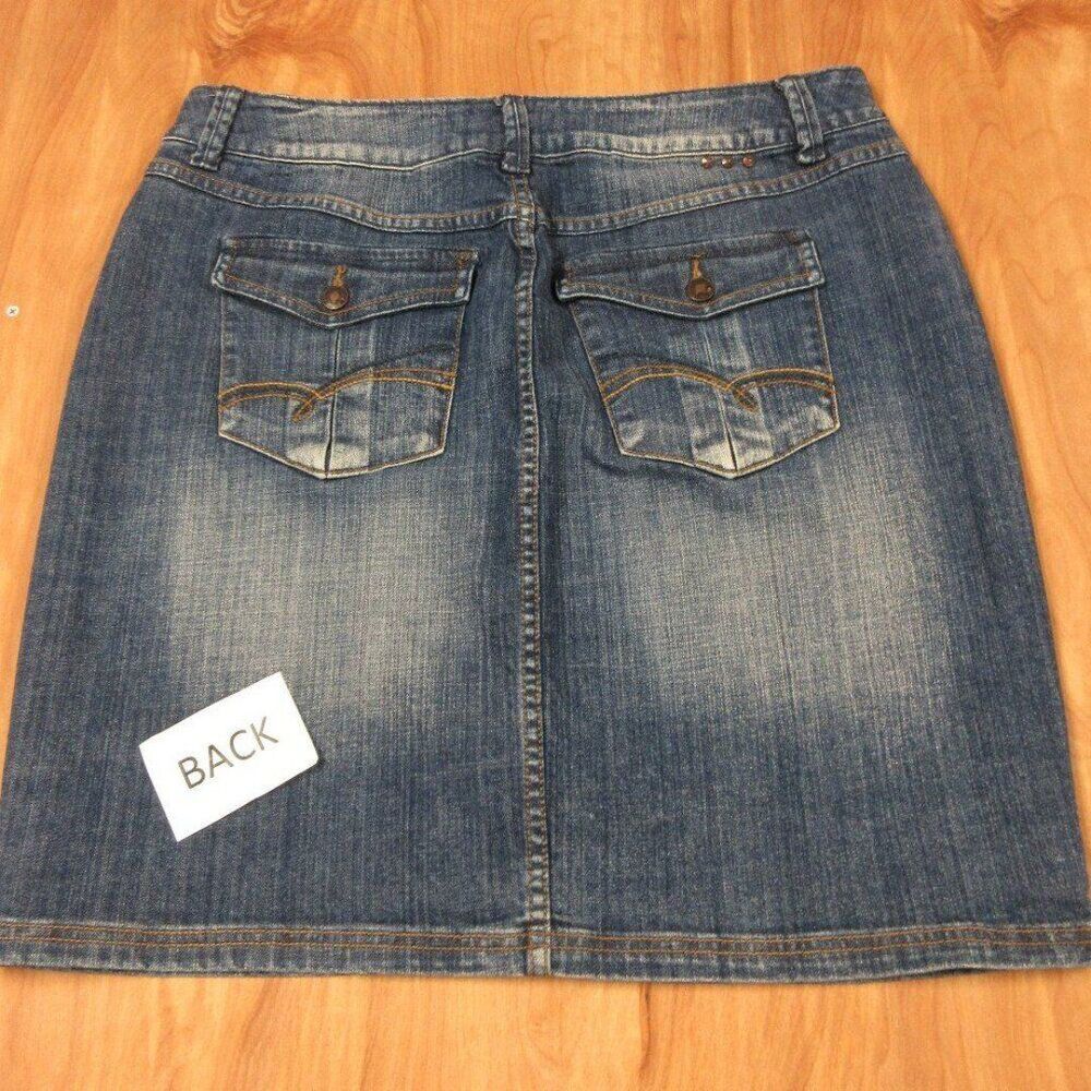 L.A. BLUES Studded Stretch‎ Denim Jean Skirt VINTAGE Sz 16 Back Flap Pockets Y2K